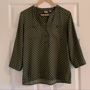 NY&Co Green Polkadot Popover Blouse 3/4 Sleeves